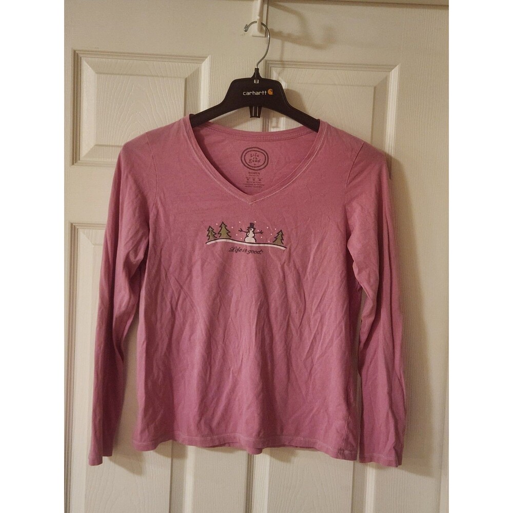 Life is Good Women M Classic Fit Long Sleeve snowman and trees graphic Shirt
